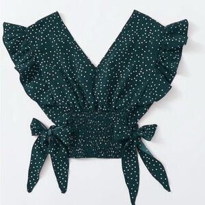 Ruffle Armhole Shirred Hem Polka-dot Top